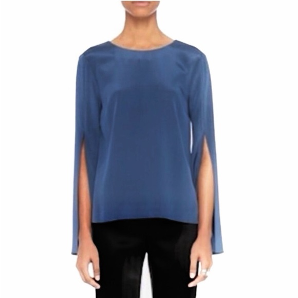 NWT St. John Women's Large Blue Silk Blouse Black Tie Slit Sleeve Cocktail Party - Picture 1 of 11
